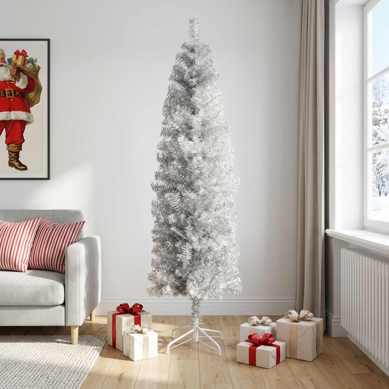42055264_1.jpg vidaXL Umelý chudý vianočný strom 240 cm PVC a oceľ Strieborná – Obrázok 1
