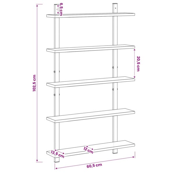 vidaXL Stenná polica Dymový dub 60.5 x 13.5 x 102.5 cm – Obrázok 7