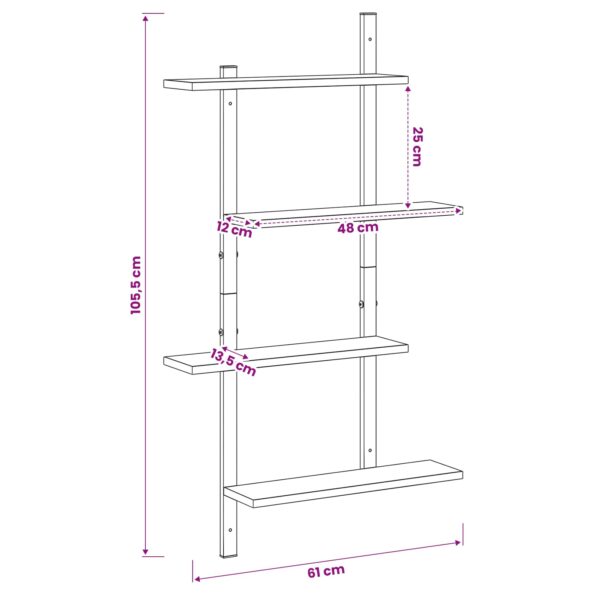 vidaXL Nástenná polica Dymový dub 61 x 13,5 x 105,5 cm – Obrázok 7