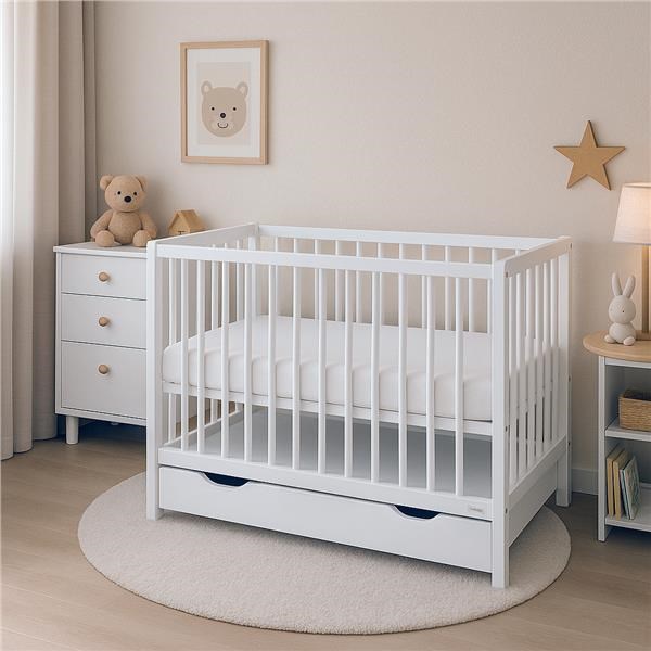 Detska-postielka-so-suplikom-New-Baby-BASIC-biela Detská postieľka so šuplíkom New Baby BASIC biela – Obrázok 1
