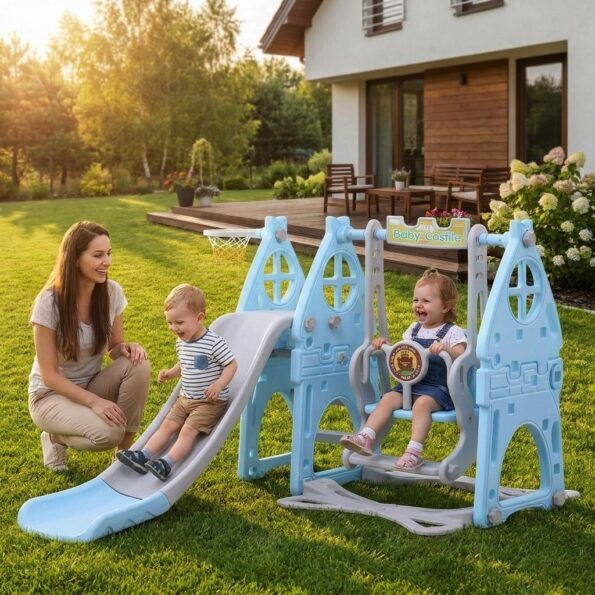 Detská šmýkačka s hojdačkou 3v1 baby blue – Obrázok 2