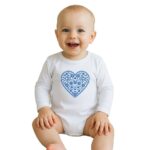 Detské body s potlačou New Baby Ľudový vzor modré srdiečko, veľkosť 62 (3-6m)