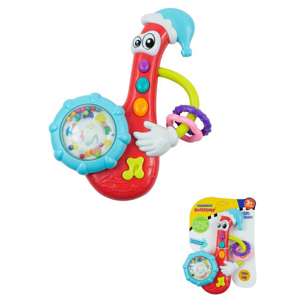 Hrkalka-Baby-Mix-s-melodiou-saxofon-cerveny Hrkálka Baby Mix s melódiou saxofon červený – Obrázok 1