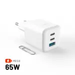 Nabíjačka FIXED sieťová GaN Mini s 2xUSB-C a USB výstupom, podpora PD, 65 W, biela