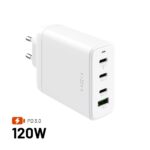 Nabíjačka FIXED sieťová GaN s 3×USB-C a USB výstupom, podpora PD 3.0, 120W, biela