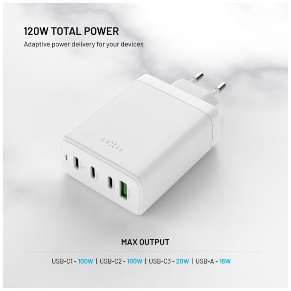 Nabíjačka FIXED sieťová GaN s 3×USB-C a USB výstupom, podpora PD 3.0, 120W, biela – Obrázok 3