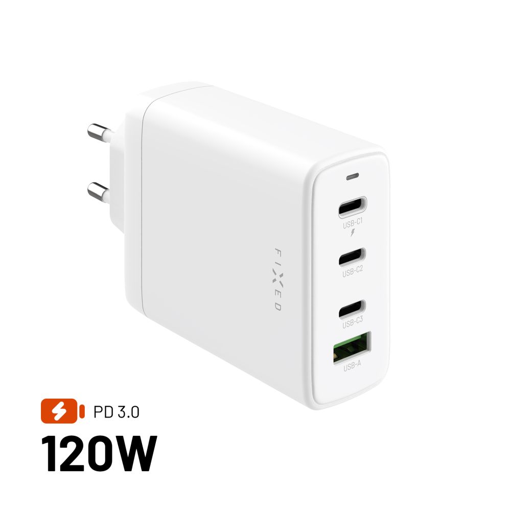 Nabijacka-FIXED-sietova-GaN-s-3xUSB-C-a-USB-vystupom-podpora-PD-3.0-120W-biela Nabíjačka FIXED sieťová GaN s 3×USB-C a USB výstupom, podpora PD 3.0, 120W, biela – Obrázok 1
