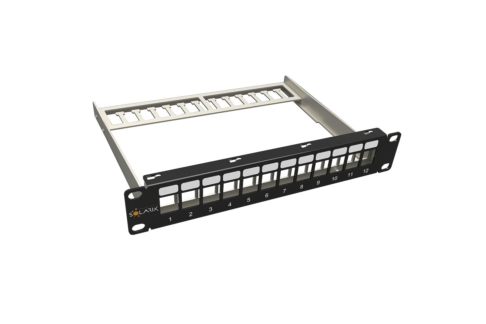 Patch-panel-Solarix-modularny-neosadeny-10-12-portov-cierny-1U Patch panel Solarix modulárny neosadený 10" 12 portov, čierny 1U – Obrázok 1