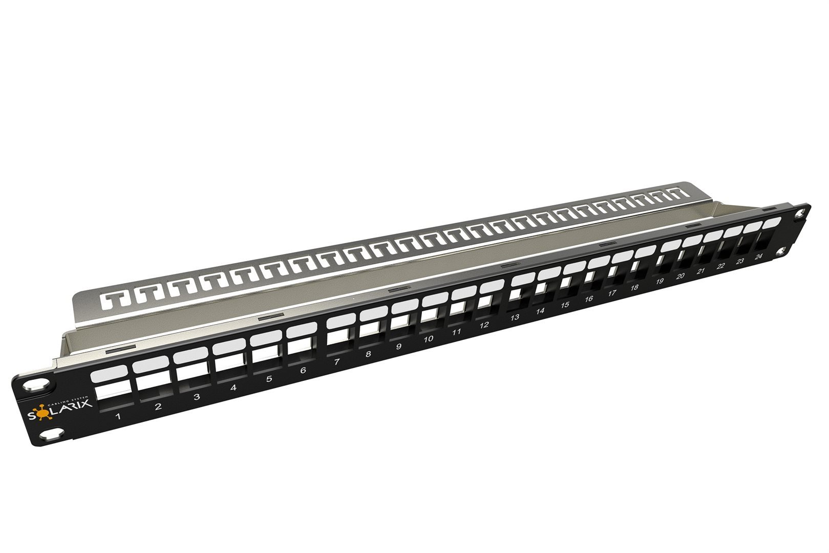 Patch-panel-Solarix-modularny-neosadeny-24-portov-cierny-1U Patch panel Solarix modulárny neosadený 24 portov, čierny 1U – Obrázok 1