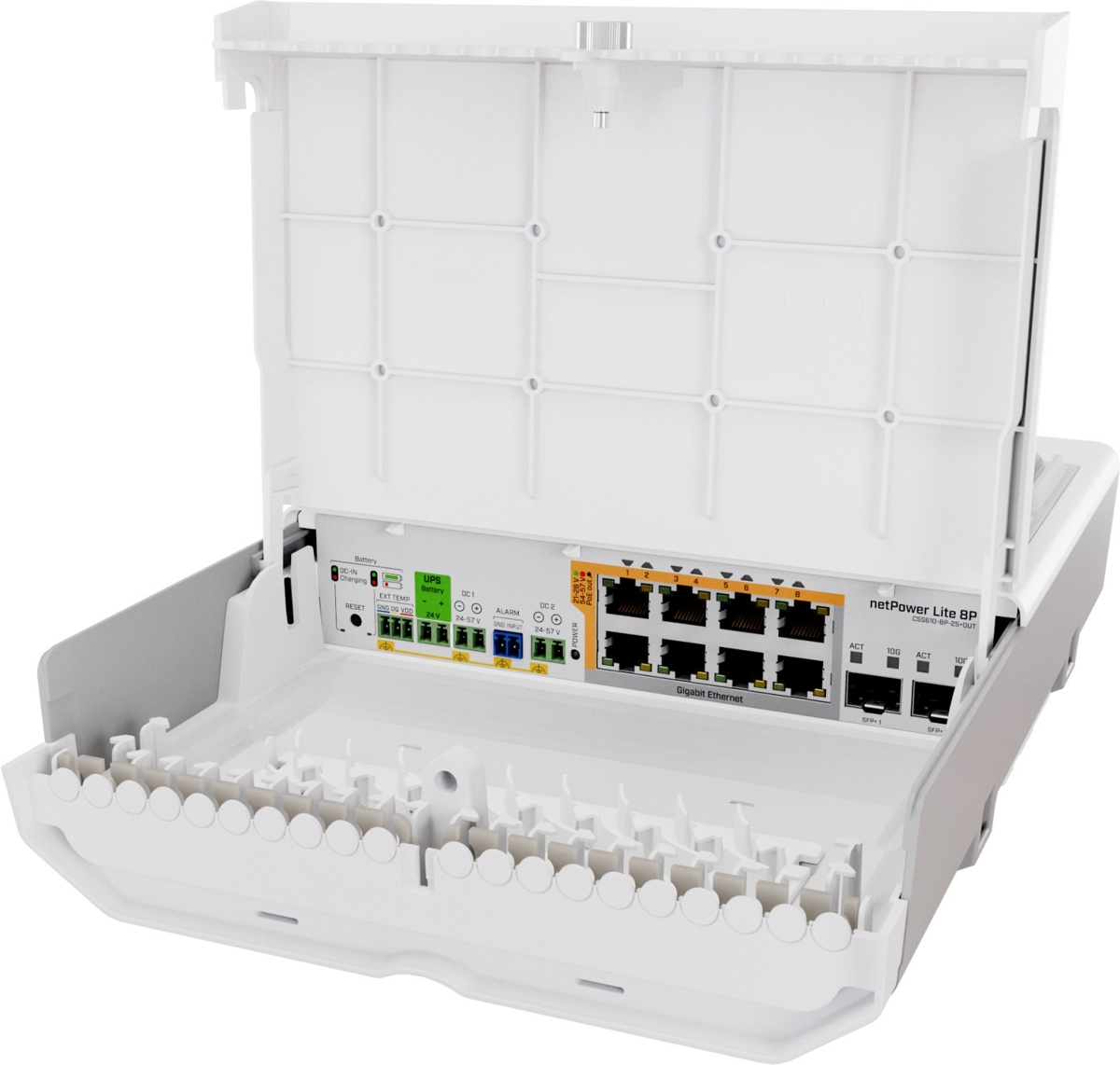 Switch-Mikrotik-netPower-Lite-8P-vonkajsi-8×-GLAN-s-PoE-2×-SFP-UPS Switch Mikrotik netPower Lite 8P vonkajší, 8× GLAN s PoE, 2× SFP+, UPS – Obrázok 1