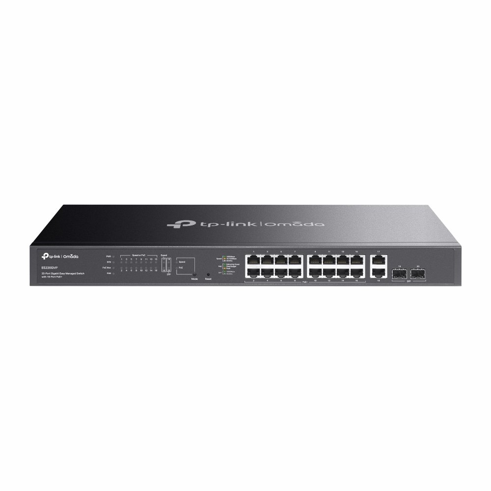 Switch-TP-Link-ES220GMP-2x-GLan-16x-GLan-s-PoE-2x-SPF-combo-250W-19-Omada-SDN Switch TP-Link ES220GMP 2x GLan, 16x GLan s PoE+, 2x SPF combo, 250W, 19", Omáda SDN – Obrázok 1