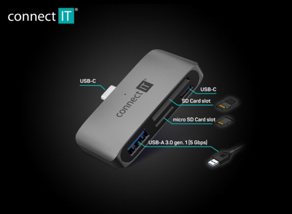USB hub CONNECT IT USB-C na 1x USB-C a 1x USB 2.0 + čítačka kariet ANTRACITOVÁ – Obrázok 4