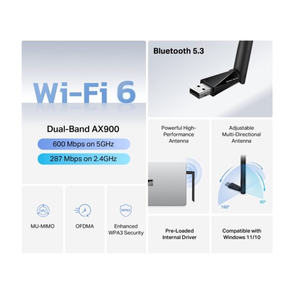 USB klient TP-Link Mercusys MA60XHB Wireless USB adapter AX900, 2,4/5 GHz, Bluetooth, anténa – Obrázok 4